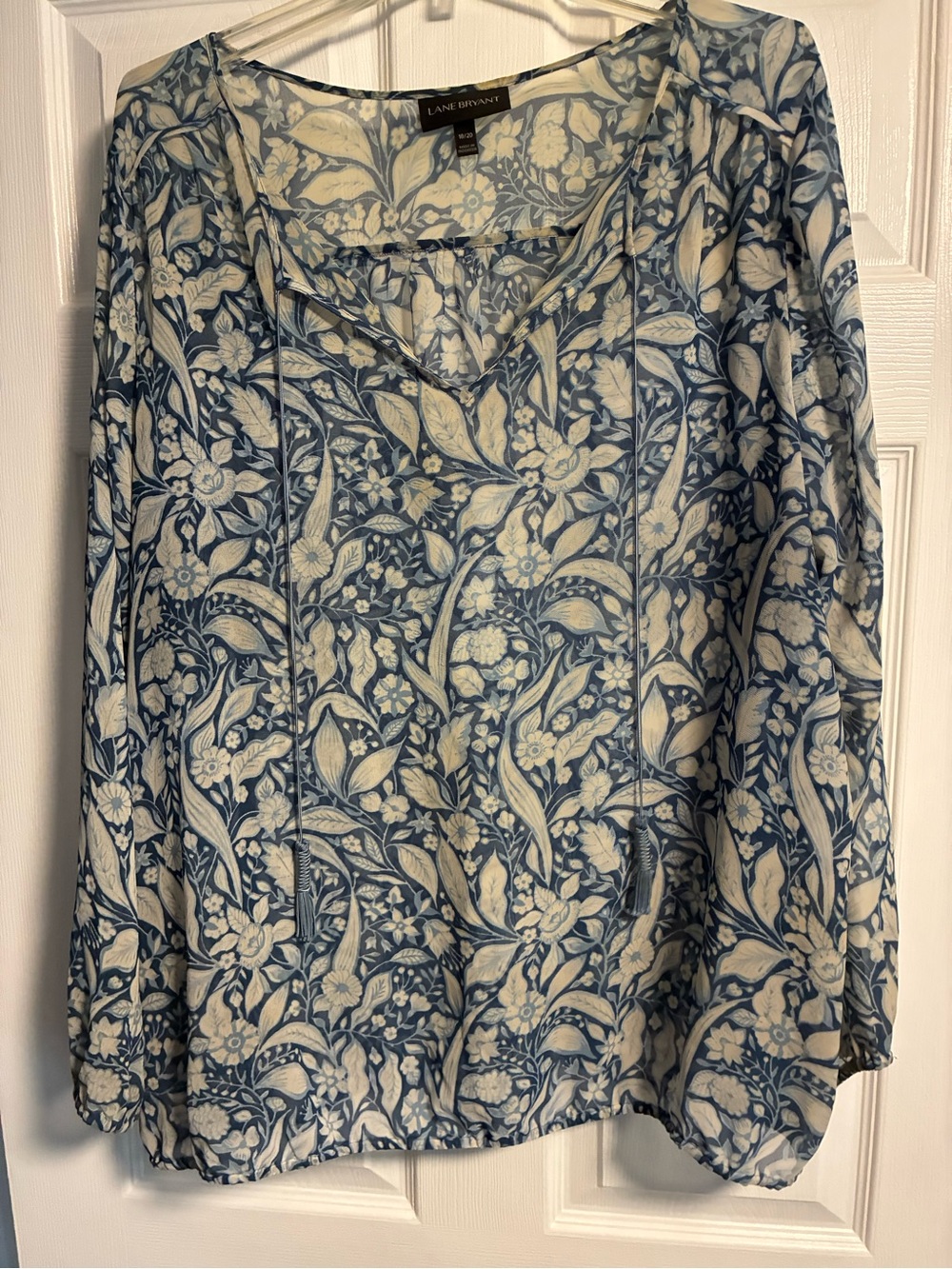 Lane Bryant Blue and Cream Floral V-Neck Peasant Blouse